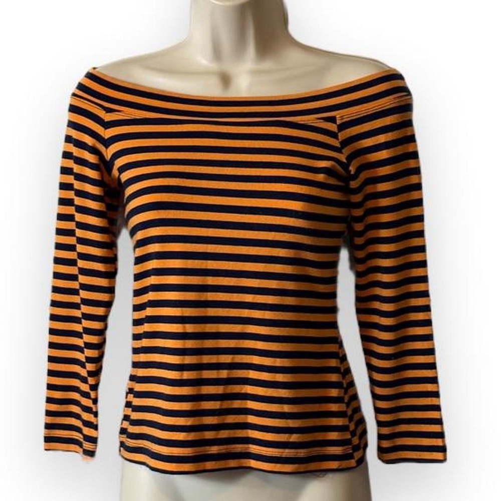 Y2K No Boundaries Orange & Navy Striped Boatneck Top, Women's Size M